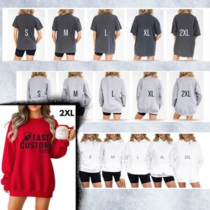 The image is a collage of various images showing different sizes of a red sweater and white sweatshirts, along with a person wearing a red sweater with the text "FAST CUSTOM TEES" printed on it.