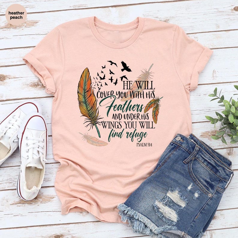 Bible Verse Shirt, Christian Graphic Tees For Women, He Will Cover You With His Feathers and Under His Wings You Will Find Refuge Psalm 91 4 画像 5