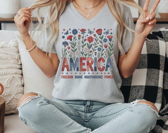 Shirt met patchworklook in Amerikaanse stijl, patriottische kleding voor Onafhankelijkheidsdag, shirt met bloemenprint en Amerikaanse vlag, leuk shirt met Amerikaanse thema's