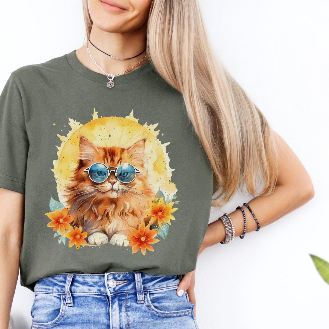 Boho Cat Sunflower Shirt, Cute Cat Lover Graphic Tee, Floral Kitty ...