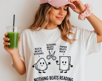 Nothing Beats Reading Shirt, Funny Rock Paper Scissors Book Graphic Tee for Cozy Book Lovers and Library Lovers, Reader Outfit Style