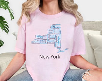 Comfort Colors®Typographic New York Map Shirt, State Pride Apparel for Geography Lovers, Blue City Names Design Unisex Tank Top