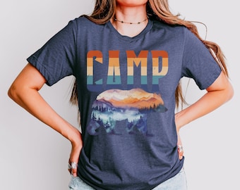 Retro CAMP Adventure Shirt, Bear Silhouette Nature Lover Tee, Scenic Landscape Design for Outdoor Enthusiasts, Summer Wilderness Apparel