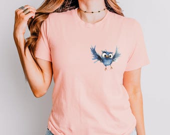Blue Bird Shirt, Playful Watercolor Design for Nature Lovers, Artistic Animal Apparel, Cute Bird Enthusiast Gift