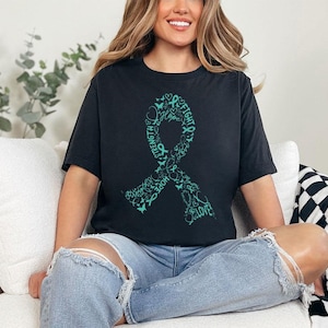 Teal Ribbon Graphic Shirt, Ovarian Cancer Awareness Shirt, Cancer Support Shirt, Ovarian Cancer Gift Shirt, Cancer Survivor Shirts