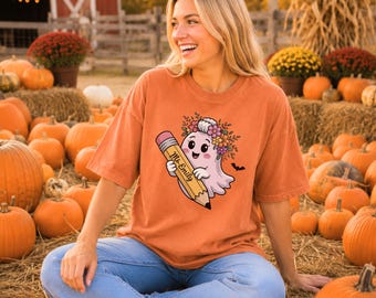 Comfort Colors® Cute Ghost Teacher Shirt, Personalized Ms. Emily Design, Kawaii Flower Crown Tee for Educators, Funny Back to School Gift