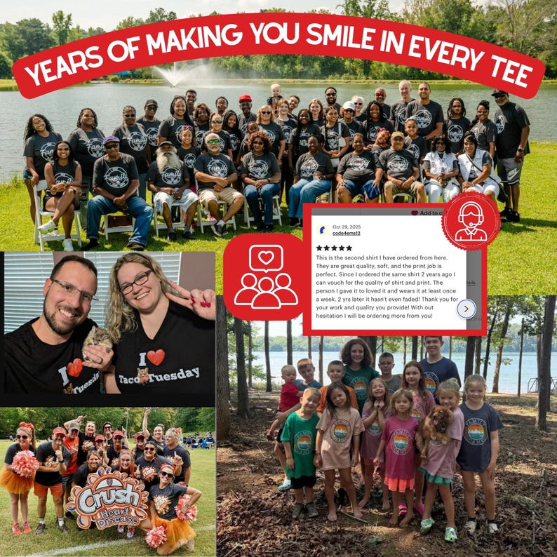 The image is a collage of various photos depicting a group of people, including children, wearing matching T-shirts and posing together. The collage also includes a text overlay that reads "YEARS OF MAKING YOU SMILES IN EVERY TEE" and a social media post with a rating of 4.5 stars.