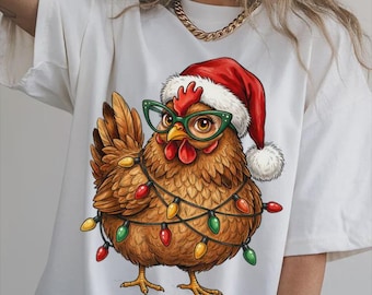 Comfort Colors® Cute Christmas Chicken Shirt, Festive Hen with Lights and Santa Hat Tee, Funny Farm Animal Xmas Tee, Holiday Bird Lover Gift