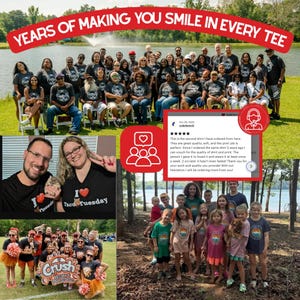 The image is a collage of various photos depicting a group of people, including children, wearing matching T-shirts and posing together. The collage also includes a text overlay that reads "YEARS OF MAKING YOU SMILES IN EVERY TEE" and a social media post with a rating of 4.5 stars.