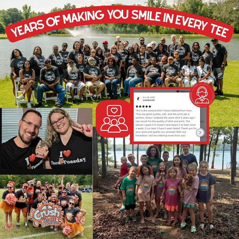 The image is a collage of various photos depicting a group of people, including children, wearing matching T-shirts and posing together. The collage also includes a text overlay that reads "YEARS OF MAKING YOU SMILES IN EVERY TEE" and a social media post with a rating of 4.5 stars.