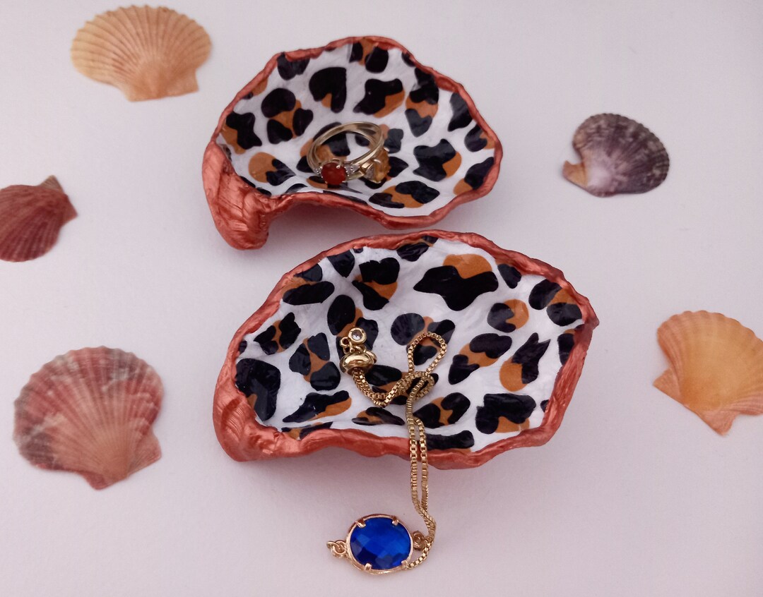 Decorative Pair Oyster Shells Leopard Print Decoupage Trinket Dish/tray ...