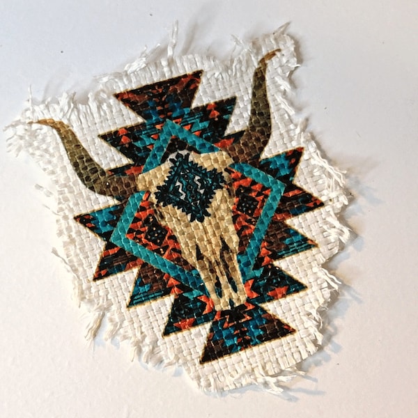 Aztec Bull Skull Frayed Hat Patch - Distressed Patch for Hats - 100% Polyester - Country Girl Sublimated Patches for Women - Rustic Raggedy