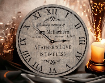 May include: A gray wooden clock with Roman numerals and black hands. The clock face reads "In loving memory of Gary McEachern November 21, 1957 - October 28, 2023 A Father's Love Is Timeless".