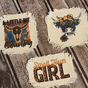 Sublimated Hat Patches - Raggy Patch for Hats - Frayed Polyester Patch - Highland Cow - Bow & Sunflower - Small Town Girl - Little Country