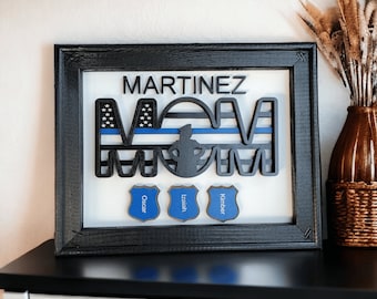 Police Officer Mom Gift - Mother's Day Gift for Mother - Back the Blue Wood American Flag Sign Birthday Gift - Police Badge Kids - Cop Mom