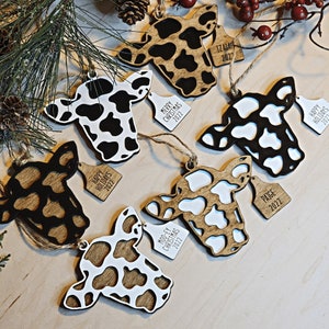 Personalized Cow Christmas Ornament - Farmhouse Ornaments - Black Brown White Cows Ear Tags - 2 Layered Country Car Charms - 2025 Cow Tags