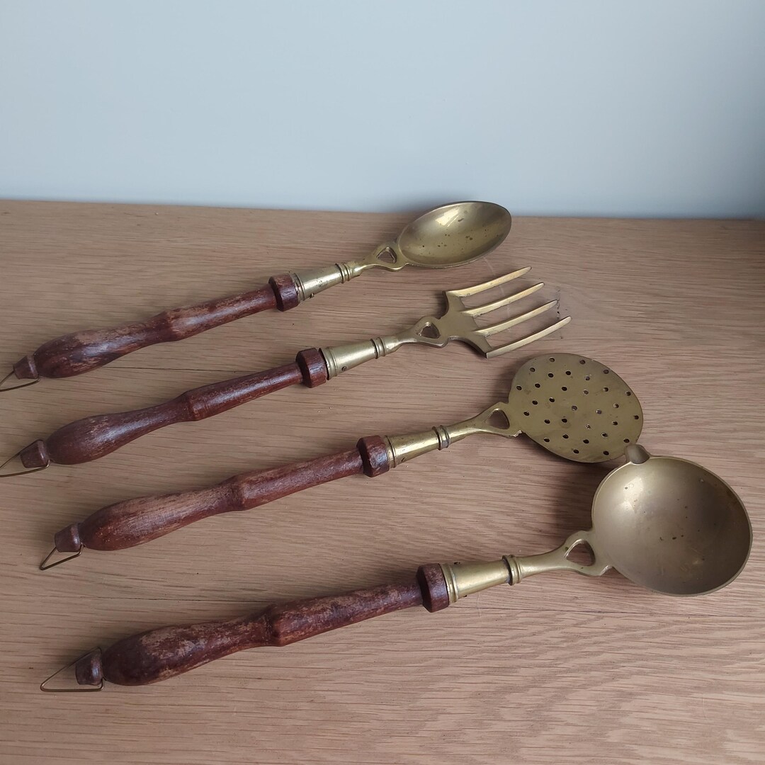 Brass and Wood Kitchen Utensils Set Vintage Hanging Set Spoon Fork ...