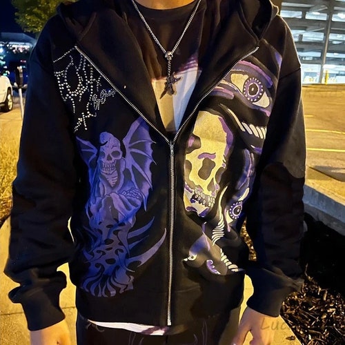 Y2K Bone Loose Hoodie Skeleton Grunge Streetwear Pullover - Etsy Canada