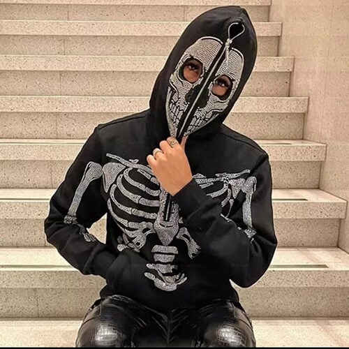 Hip Hop Skull Rhinestone Zip up Hoodie Y2K Gothic Skeleton - Etsy Hong Kong