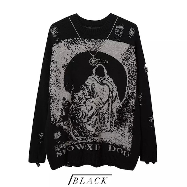 Letter Jacquard Ripped Holes Pullover Sweater main image 0