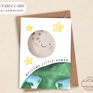 AFDRUKBARE nieuwe babykaart Welkom kleine menselijke nieuwe baby Genderneutrale kaart Instant Download afdrukbare wenskaart Cute Moon Star Earth Baby