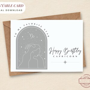 PRINTABLE Birthday Card Anniversaire CAPRICORNE Horoscope Téléchargement instantané Salutations imprimables Zodiaque Céleste Capricorne Ligne Art Carte de voeux
