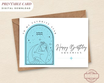 PRINTABLE Birthday Card Birthday AQUARIUS Horoscope Instant Download Printable Greetings Zodiac Celestial Aquarius Line Art Greetings Card