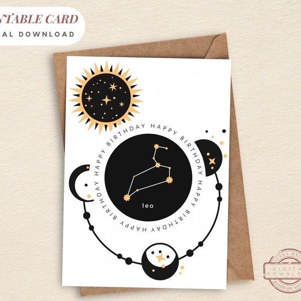 PRINTABLE Birthday Card Birthday LEO Horoscope Instant Download Card Printable Greetings Card Celestial Zodiac Leo Birthday Greetings Card