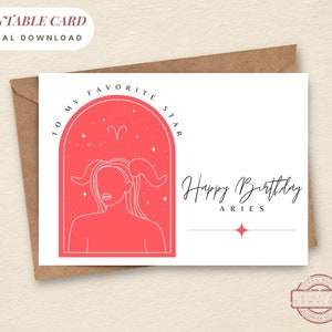 DRUCKBARE Geburtstagskarte Geburtstag Widder Horoskop Sofortiger Download druckbare Grußkarte Sternzeichen Celestial Widder Line Art Greeting Card