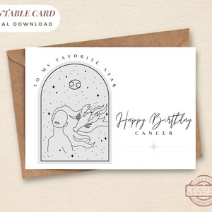 AFDRUKBARE verjaardagskaart verjaardag KANKER Horoscoop Instant Download afdrukbare wenskaart Zodiac hemelse kanker lijnwerk wenskaart