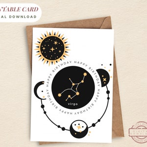 PRINTABLE Birthday Card Birthday VIRGO Horoscope Instant Download Printable Greetings Card Zodiac Celestial Virgo Birthday Greetings Card