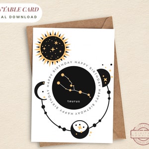 PRINTABLE Birthday Card Anniversaire TAUREAU Horoscope Téléchargement instantané Carte de voeux imprimable Zodiac Celestial Taurus Birthday Greetings Card