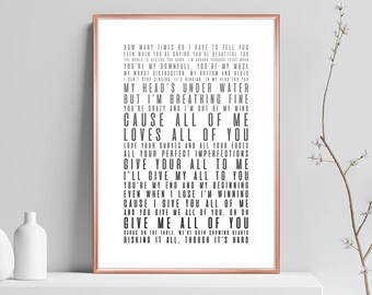 PERSONALISED John Legend All of Me Music Song Lyric Print Wedding Valentine