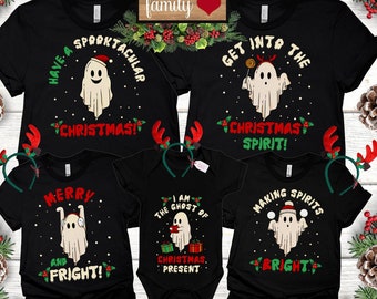 May include: Black family Christmas t-shirts with ghost designs. The shirts have phrases like "Have a Spooktacular Christmas!" and "Get into the Christmas Spirit!" along with other festive messages. Includes matching baby onesie.
