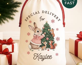 Saco de Papá Noel navideño personalizado con conejito para niñas. Saco de Papá Noel navideño con conejo de bosque personalizado. Entrega especial. Saco de Nochebuena para niñas.