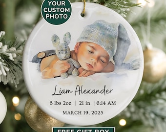 Personalized Baby Photo Christmas Ornament Newborn Birth Stats Keepsake Birth Announcement Gift Custom New Baby’s First Christmas Ornament