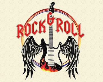Rock and Roll Music Sublimation Download Vintage Rock Tee Rocker PNG T-Shirt Design Retro Wings Clipart Rock Band Digital Download Guitar