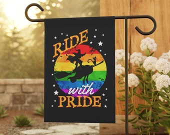 LGBTQ Halloween Pride Garden Flag Funny Gay Pride Halloween Yard Flag Ride with Pride Rainbow Banner Spooky Season Flag Lesbian Pride Flag
