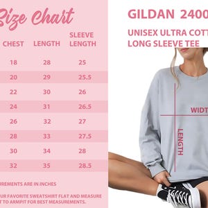 May include: A light gray Gildan 2400 unisex ultra cotton long sleeve tee. The image includes a size chart with chest, length, and sleeve length measurements in inches, ranging from size S to 5XL. A person is wearing the shirt.