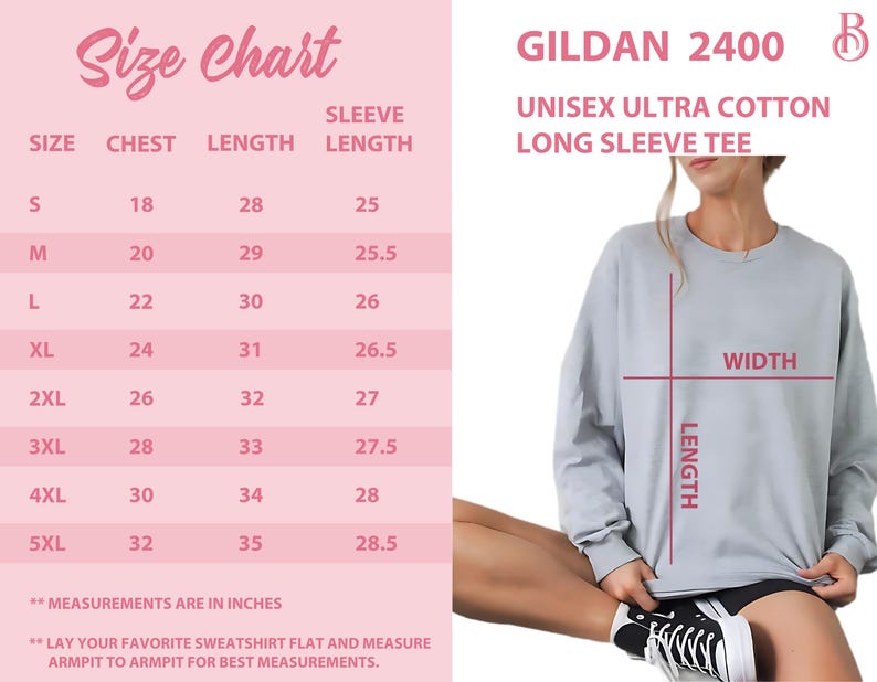 May include: A light gray Gildan 2400 unisex ultra cotton long sleeve tee. The image includes a size chart with chest, length, and sleeve length measurements in inches, ranging from size S to 5XL. A person is wearing the shirt.