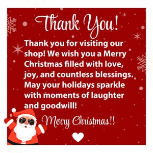 May include: A red and white Christmas card with a cartoon Santa Claus wearing sunglasses and a white beard. The card says "Thank You!" and "Merry Christmas!" with a white heart at the bottom.