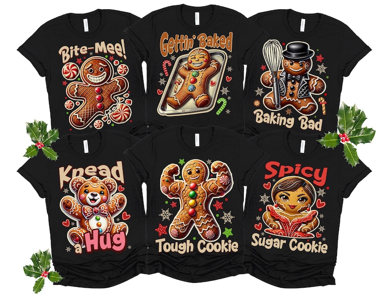 May include: Set of six black t-shirts with gingerbread man illustrations and Christmas-themed puns. The shirts feature phrases like "Bite-Mee!" "Gettin' Baked" "Kneed a Hug" "Tough Cookie" "Spicy Sugar Cookie" and "Baking Bad".