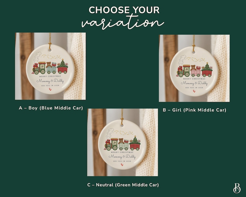 May include: Christmas ornament with a train design. The ornament has the text "Merry Christmas Mommy & Daddy" and "See you in 2024". The train cars are decorated with festive elements.