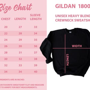 May include: Black Gildan 18000 unisex heavy blend crewneck sweatshirt with a size chart. The chart shows chest, length, and sleeve length measurements in inches for sizes S to 5XL. The image also includes the brand's logo.