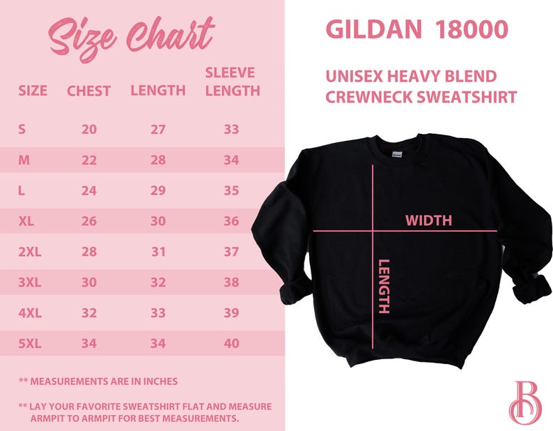 May include: Black Gildan 18000 unisex heavy blend crewneck sweatshirt with a size chart. The chart shows chest, length, and sleeve length measurements in inches for sizes S to 5XL. The image also includes the brand's logo.