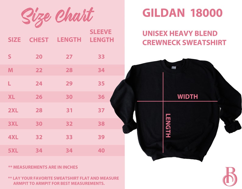 May include: Black Gildan 18000 unisex heavy blend crewneck sweatshirt with a size chart. The chart shows chest, length, and sleeve length measurements in inches for sizes S through 5XL. The chart also includes instructions for measuring a sweatshirt.