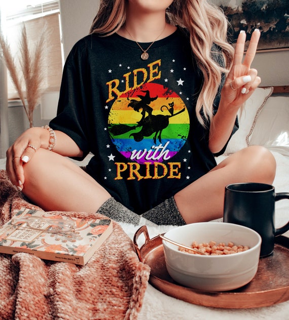 LGBTQ Halloween Pride Shirt Funny Gay Pride Halloween Witch Tee Ride with Pride Rainbow Shirt Spooky Season Shirt Lesbian Pride Equality Tee