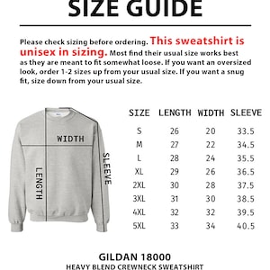 May include: Size chart for a unisex sweatshirt. The chart shows the length, width, and sleeve length in inches for sizes S through 5XL. The sweatshirt is made by Gildan and is a heavy blend crewneck sweatshirt.