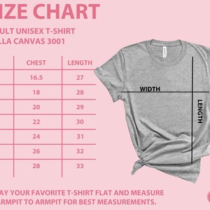 K&ouml;nnte beinhalten: Hellgraues Unisex-T-Shirt f&uuml;r Erwachsene mit Gr&ouml;&szlig;entabelle. Die Tabelle listet Brust- und L&auml;ngenma&szlig;e f&uuml;r die Gr&ouml;&szlig;en XS bis 3XL auf. Der Text "SIZE CHART" und "BELLA CANVAS 3001" stehen oben. Das Shirt liegt flach zur Messung.