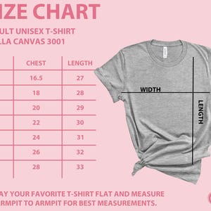 May include: A light gray adult unisex Bella Canvas 3001 t-shirt with a size chart. The chart shows chest and length measurements in inches for sizes XS to 3XL. The shirt is laid flat, with width and length indicators.
